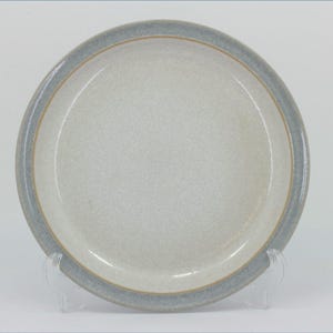 May include: A round ceramic plate with a speckled light grey centre and a smooth, solid slate blue rim. A thin, subtle brown line separates the inner speckled area from the outer blue border, creating a clean and simple circular design.