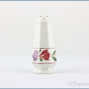 May include: White ceramic salt shaker with a floral design. The shaker has a hexagonal shape with a decorative band of purple and red flowers. The top has two small holes for dispensing salt.