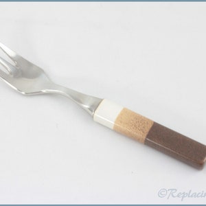 May include: A silver fork with a brown, white, and beige handle. The handle is made of a layered material.