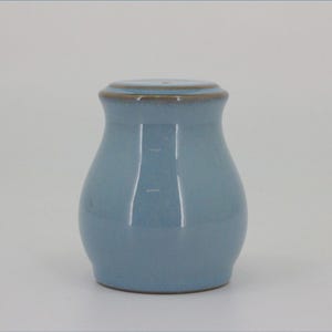 May include: A small, light blue ceramic jar with a smooth, glossy finish and a rounded, bulbous body. The jar features a flat, circular lid with a thin, dark brown rim that matches the base, creating a simple, uniform, and functional container.
