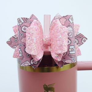 Coffee Lover Stanley Tumbler Bow Straw Topper Coffee Doughnut Lollipop Flowers Print Stanley Cup Bow Antique Pink Stanley Accessories