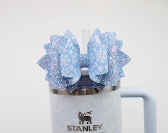 Blue Snowflake Stanley Tumbler Bow Topper Blue Winter Straw Topper Bow For Stanley Holiday Straw Topper Bow