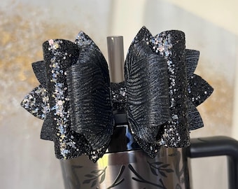 Deadly Damask Black Glitter Stanley Tumbler Bow Straw Topper Stanley Cup Bow Black Straw Bow Topper Black Stanley Accessories