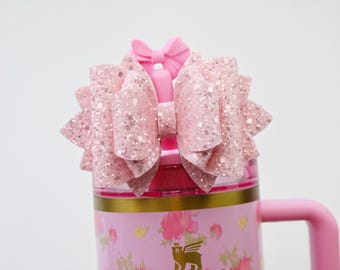 Pink Crystal Sugar Stanley Tumbler Bow Pink Glitter Straw Topper Stanley Cup Bow Straw Bow Topper Antique Pink Stanley Accessories