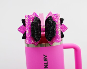 Hot Pink Stanley Tumbler Bow Straw Topper Stanley Cup Bow Hot Pink And Black Straw Bow Topper  Stanley Accessories