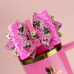 Wicked Pink Stanley Tumbler Bow Glinda Straw Topper Pink and Gold Stanley Cup Bow Straw Bow Topper Stanley Accessories