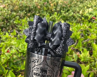 Deadly Damask Black Glitter Mirage Stanley Tumbler Bow Straw Topper Stanley Cup Bow Black Straw Bow Topper Black Stanley Accessories