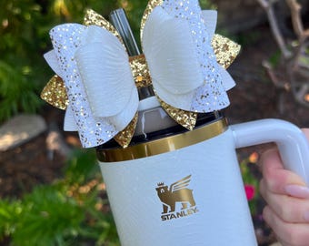 Cream Moon Stanley Tumbler Bow Topper Gold and Cream Straw Topper Bow Stanley Cup Bow Straw Bow Topper Cream and Gold Stanley Accessories