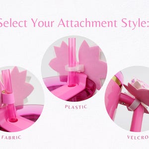 May include: Image showing three attachment styles for a product, each in a circular frame. The text "Select Your Attachment Style:" is at the top. The styles are labeled "Fabric", "Plastic", and "Velcro", each with a pink floral design.