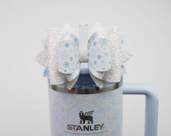 White And Blue Snowflake Stanley Tumbler Bow Topper Blue Winter Straw Topper Bow For Stanley Straw Topper Powder Blue Crush Stanley Bow