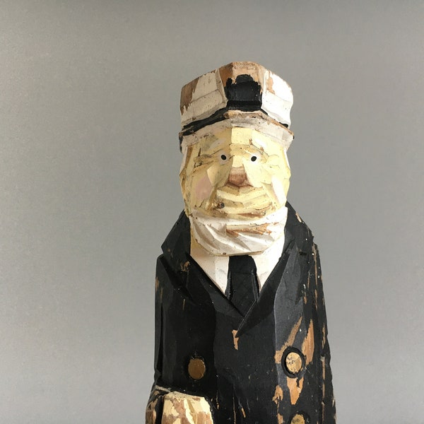 Large Rare Wooden Captain Sailor Sculpture Maritime Wooden Vintage Pirate Sailor Figure 50s 60s