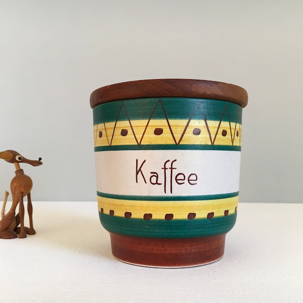 Vintage Kaffee Keramik Dose Deckeldose Vorratsdose Vintage Mid Century Holzdeckel 50er 60er