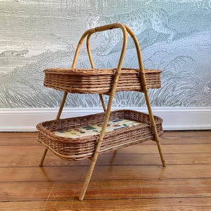 Vintage Side Table Basket Rattan Tray Wicker Table Serving Table Side Table Tray Mid Century 50s 60s