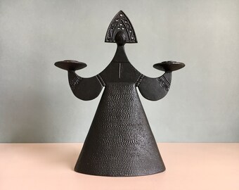 Großer Vintage Engel Folklore Kerzenleuchter Kerzenhalter Kerzenständer Lichterengel Gusseisen Figur Mid Century Schwarz 50er 60er