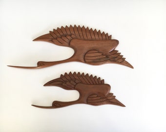 Set 2 x Large Teak Wood Crane Heron Wall Bird Denmark Teak Figure Vintage Mid Century Dansk Design 50s 60s