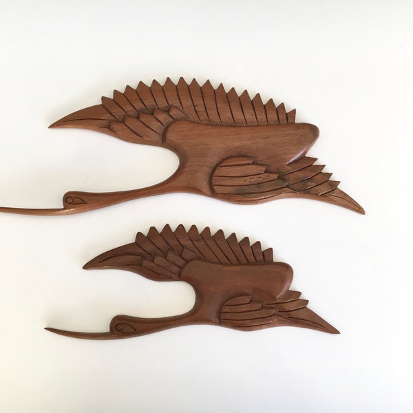 Set 2 x Large Teak Wood Crane Heron Wall Bird Denmark Teak Figure Vintage Mid Century Dansk Design 50s 60s