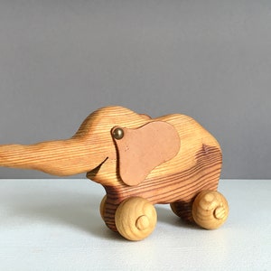 Vintage wooden figure elephant wooden figure pull figure animal rolling leather 60s