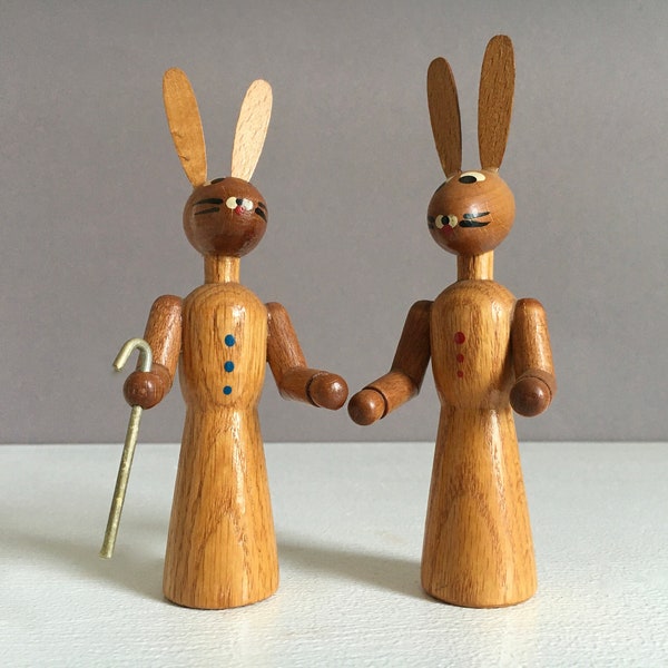 2 x houten konijn houten konijn handgemaakt uniek Erzgebirge figuursculptuur jaren 50 60