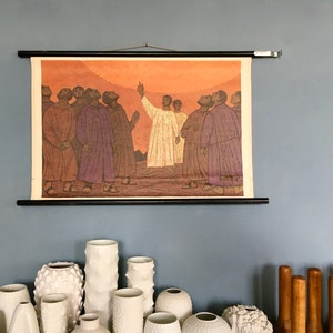 Gráfico de pared escolar antiguo, Ascensión de Cristo, religión del sol, gráfico de rollo bíblico, tablero de exhibición, gráfico de enseñanza, gráfico escolar, mediados de siglo