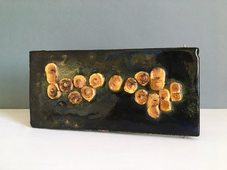 60/'s Ceramic Mushroom Plate Fat Lava Wall Tile Black Vintage Picture Midcentury
