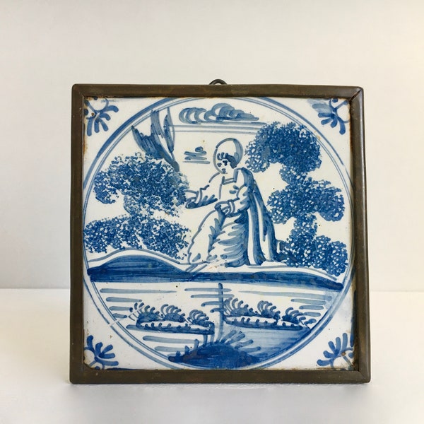 Zeldzame antieke Delfts blauwe Holland messing frame tegel tegel wandtegel wandtegel circa 1850