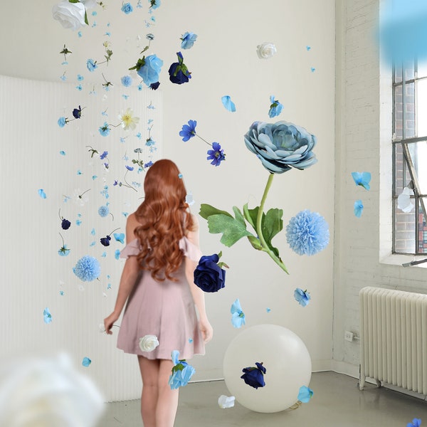 Installation de guirlande de fleurs suspendues bleues ; Célébrations, mariages, photographie, design (plusieurs tailles disponibles et couleurs personnalisées)