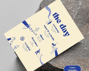 Plantilla de Canva de itinerario ilustrado para bodas y eventos - Azul - Archivo editable