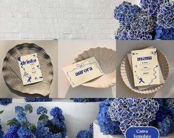 Illustrated Menu and Name Card Collection Canva Templates - Blue - Editable Digital Template