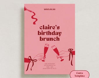 Illustrated Birthday Brunch Invitation - Canva Template - Cherry Pink - Editable