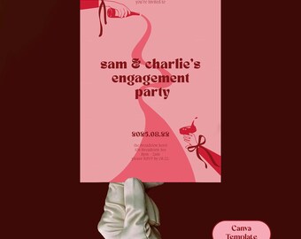 Illustrierte Einladung zur Verlobungsfeier - Canva Template - Cherry Pink - Bearbeitbare Einladung