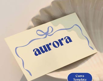 Illustrated Name Card Canva Template for Weddings and Events - Blue - Editable