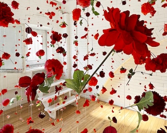 Red Hanging Flower Garland Installation; home decor, weddings, photography (Multiple Sizes Available and Custom Colours)