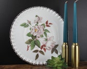 Vintage Milk Glass Silver Crest Large Plate or Serving Platter with Ruffled Edge with Handpainted Flowers probably Fenton