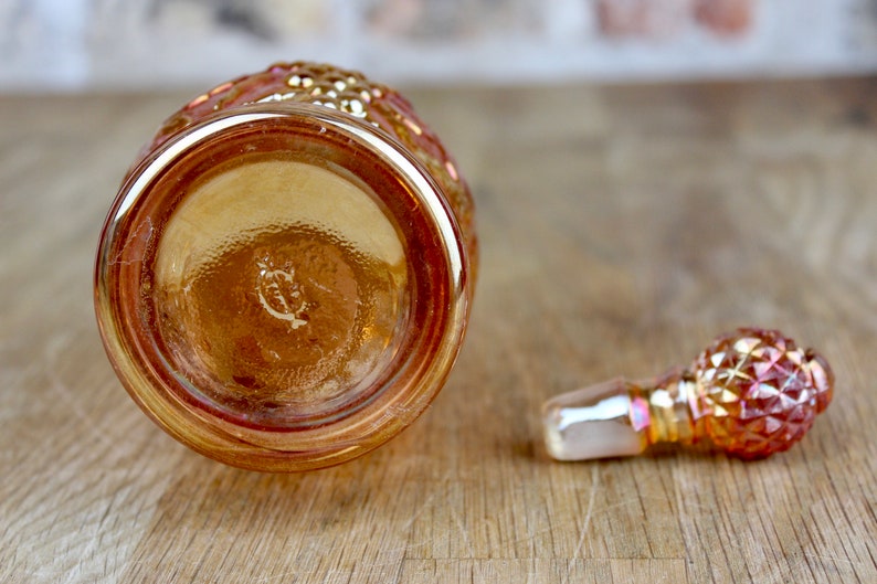 VINTAGE Imperial Glass Marigold Carnival Glass Bottle Decanter With Stopper Grape Pattern Iridescent Amber Gold Glass