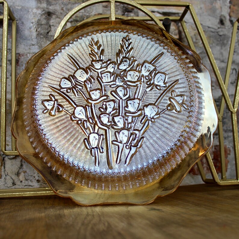Large Jeanette depression glass marigold color Iris /& Herringbone Plate VINTAGE amber carnival glass