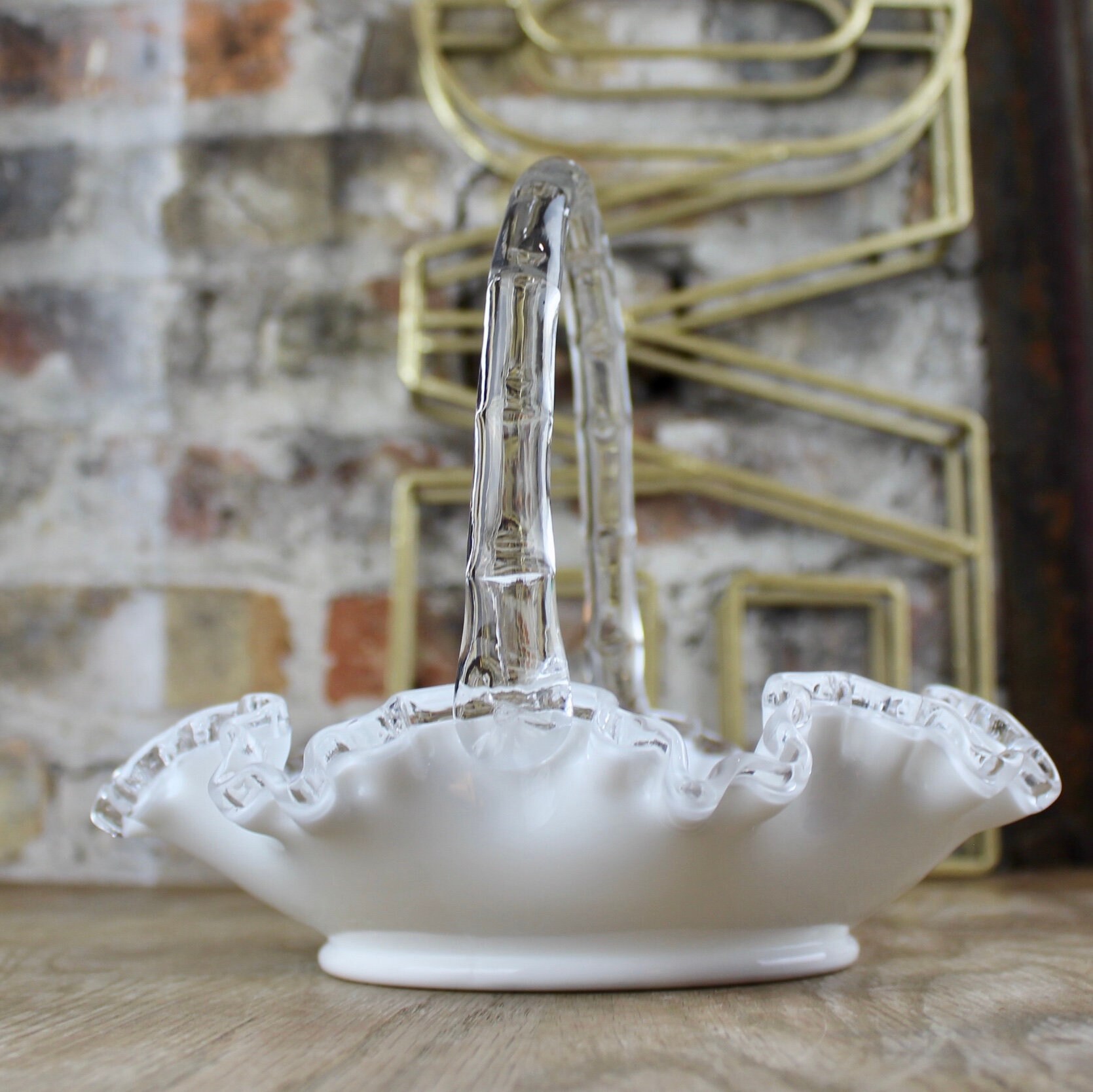 Vintage Milk Glass Silver Crest Basket With Ruffled Edge by Etsy