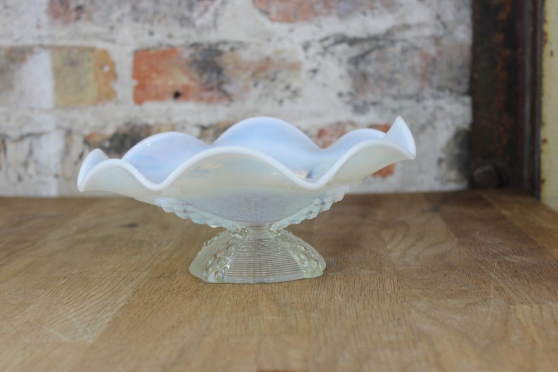 Vintage White Carnival Glass Pedestal Bowl Compote Candy Dish Etsy