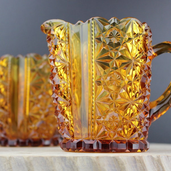 VINTAGE Amber Glass Creamer and Sugar Set Depression Glass Scalloped Hobstar Sawtooth in Clover Shape