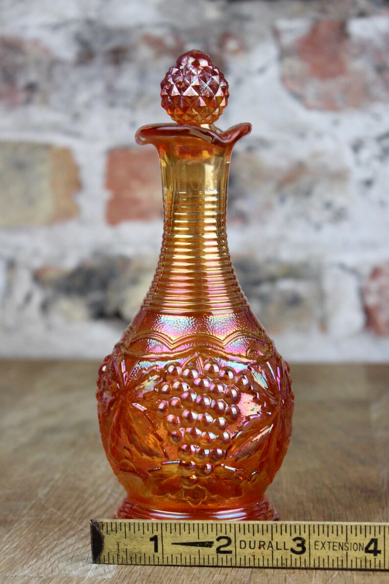 VINTAGE Imperial Glass Marigold Carnival Glass Bottle Decanter With Stopper Grape Pattern Iridescent Amber Gold Glass