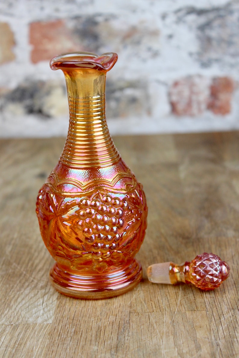 VINTAGE Imperial Glass Marigold Carnival Glass Bottle Decanter With Stopper Grape Pattern Iridescent Amber Gold Glass