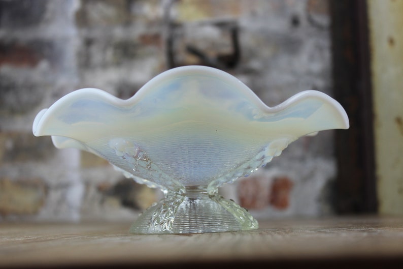 Vintage White Carnival Glass Pedestal Bowl Compote Candy Dish Etsy