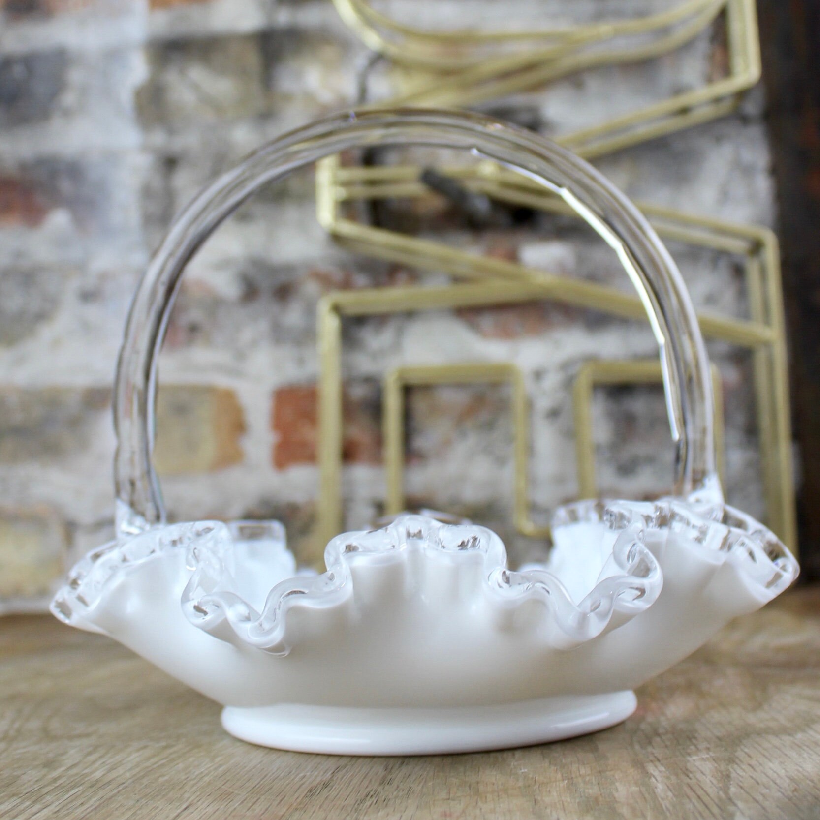 Vintage Milk Glass Silver Crest Basket With Ruffled Edge by Etsy