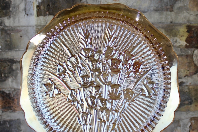 Large Jeanette depression glass marigold color Iris /& Herringbone Plate VINTAGE amber carnival glass
