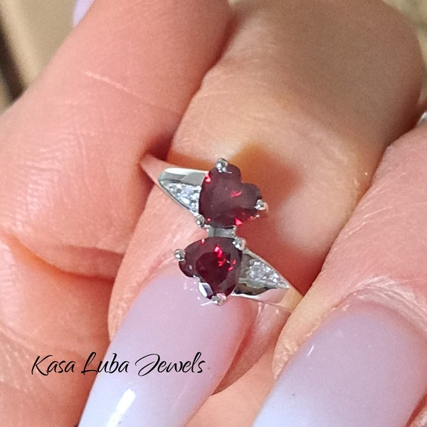 Double Hearts Dark red CZ ring, promise ring, silver ring