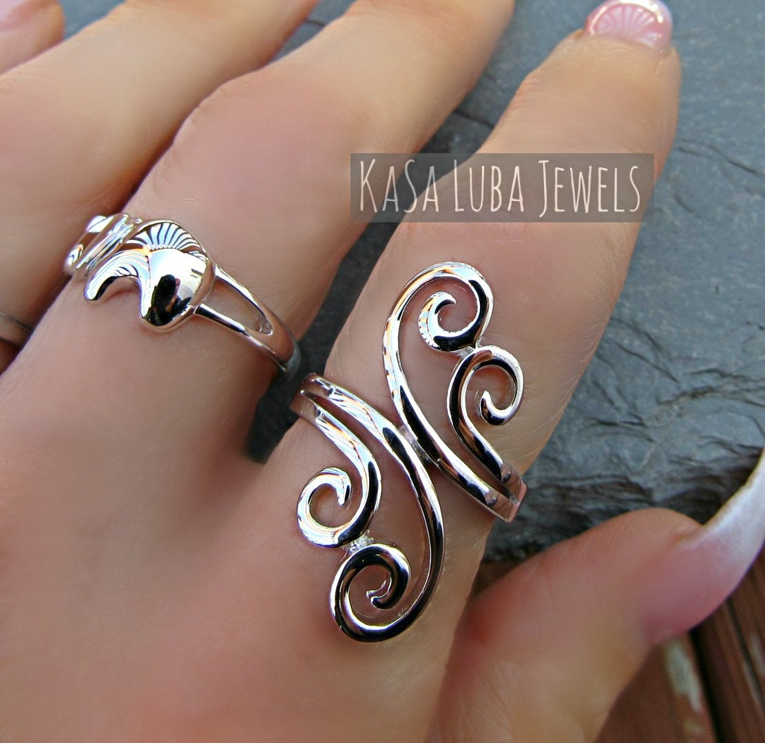 Vintage 925 Silver Wave Ring with K10 Gold Accent, Size 5 US
