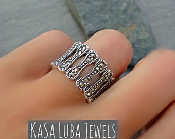 Bold Marcasite Ring: Womens Statement Oxidized 925 Silver