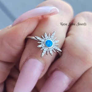 Blue Lab Opal Silver Star ring, dainty ring, womens star ring, CZ ring, opal ring