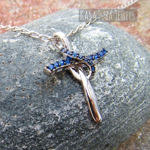 Silver CZ cross pendant - Sterling silver - Blue CZ stones - tarnish free - communion gift - confirmation gift