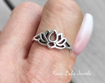 Oxidized Sterling Silver Lotus Ring - Floral Jewelry