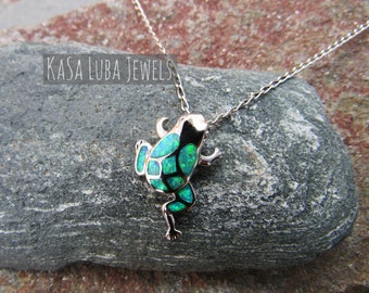 Silver Green Lab Opal Frog Pendant - Frog lovers - Sterling silver - handmade - gifts for her